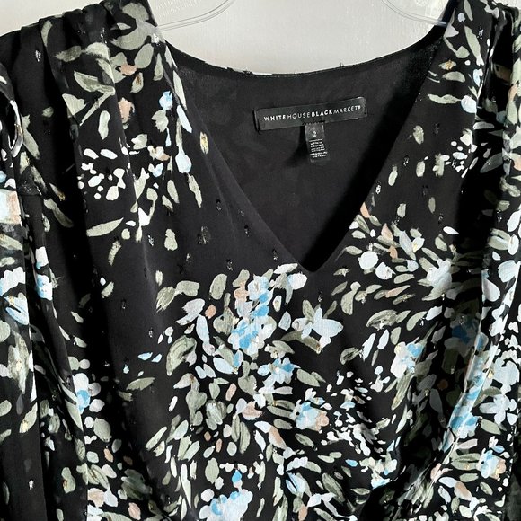 WHBM Floral Metallic Sheer Print Blouse Sz 2 Balloon Sleeve V Lined Black/Blue - Picture 1 of 16
